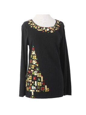 Jack B Quick Top Sz M Black Multi Colored Beading Christmas Tree Ramie Cotton